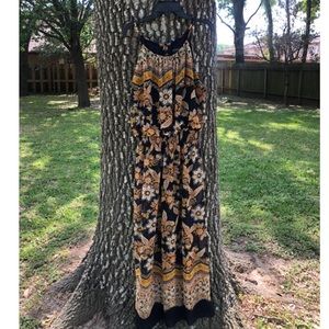 Floral geometric orange and blue maxi dress